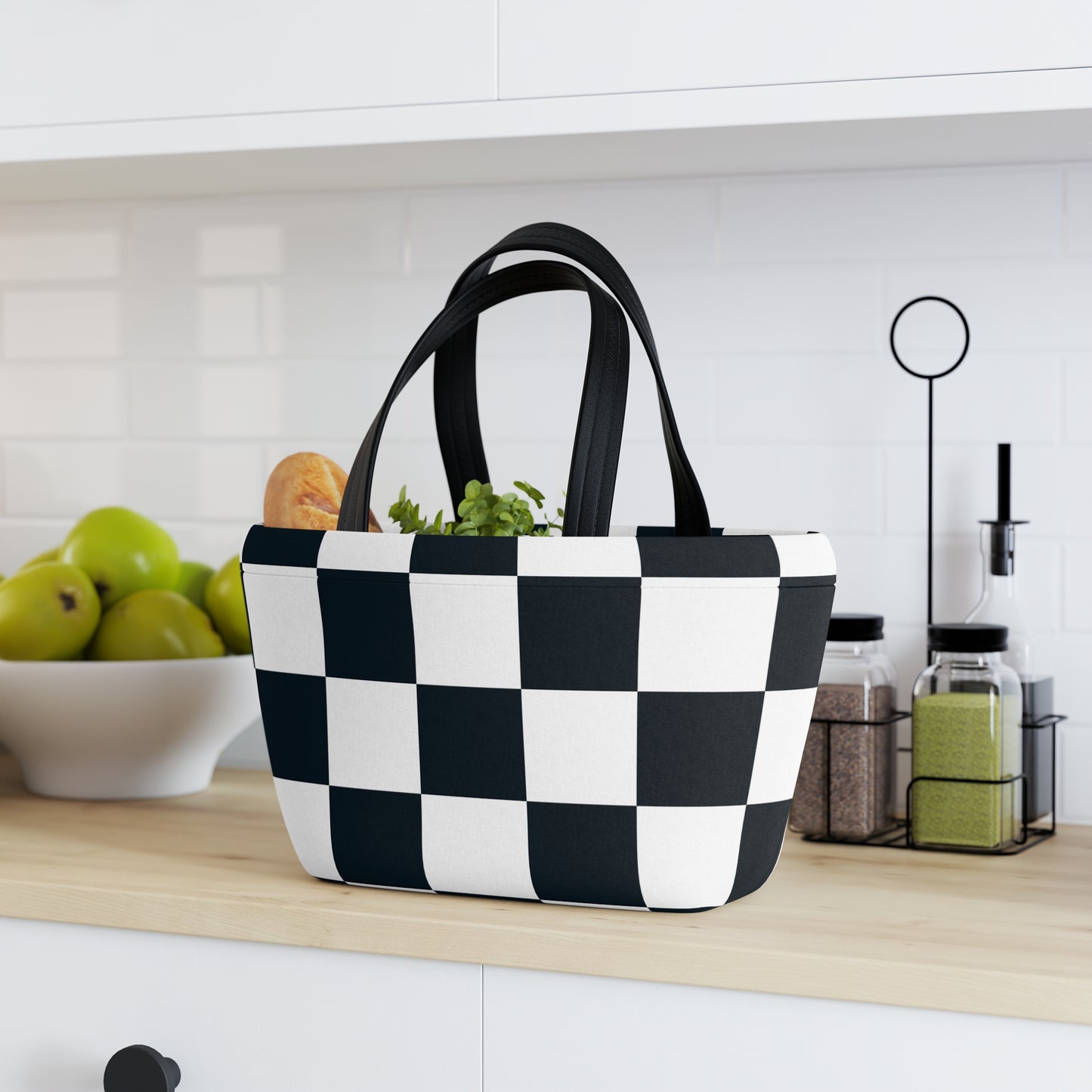 Black and White Checkered Ladies Lunch Bag - Elegant and Minimalist Neoprene Insulated Purse Lunch Box