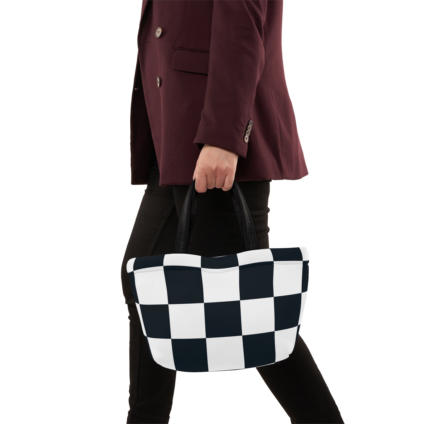 Black and White Checkered Ladies Lunch Bag - Elegant and Minimalist Neoprene Insulated Purse Lunch Box