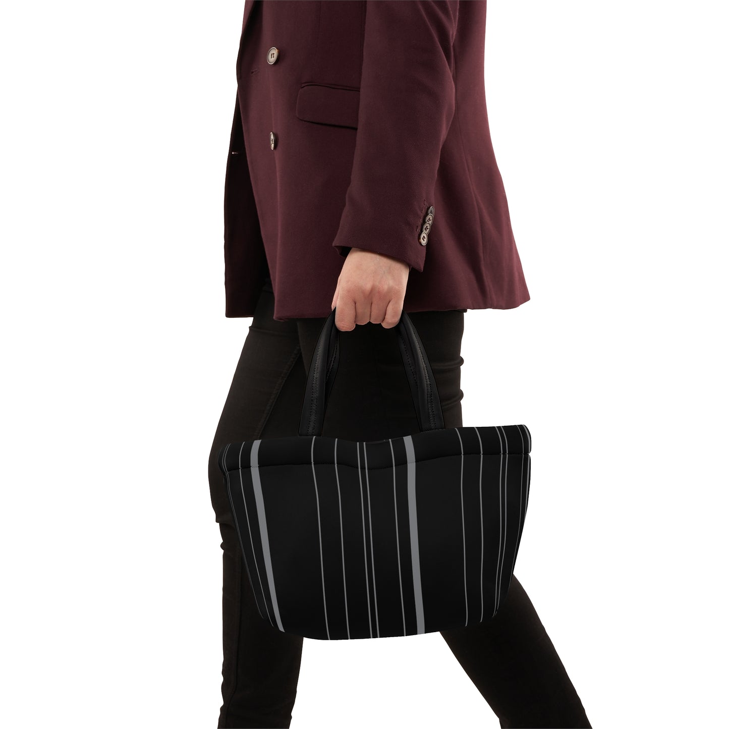 Black Pinstripped Lunch Bag - Elegant and Minimalist Neoprene Insulated Purse Lunch Box