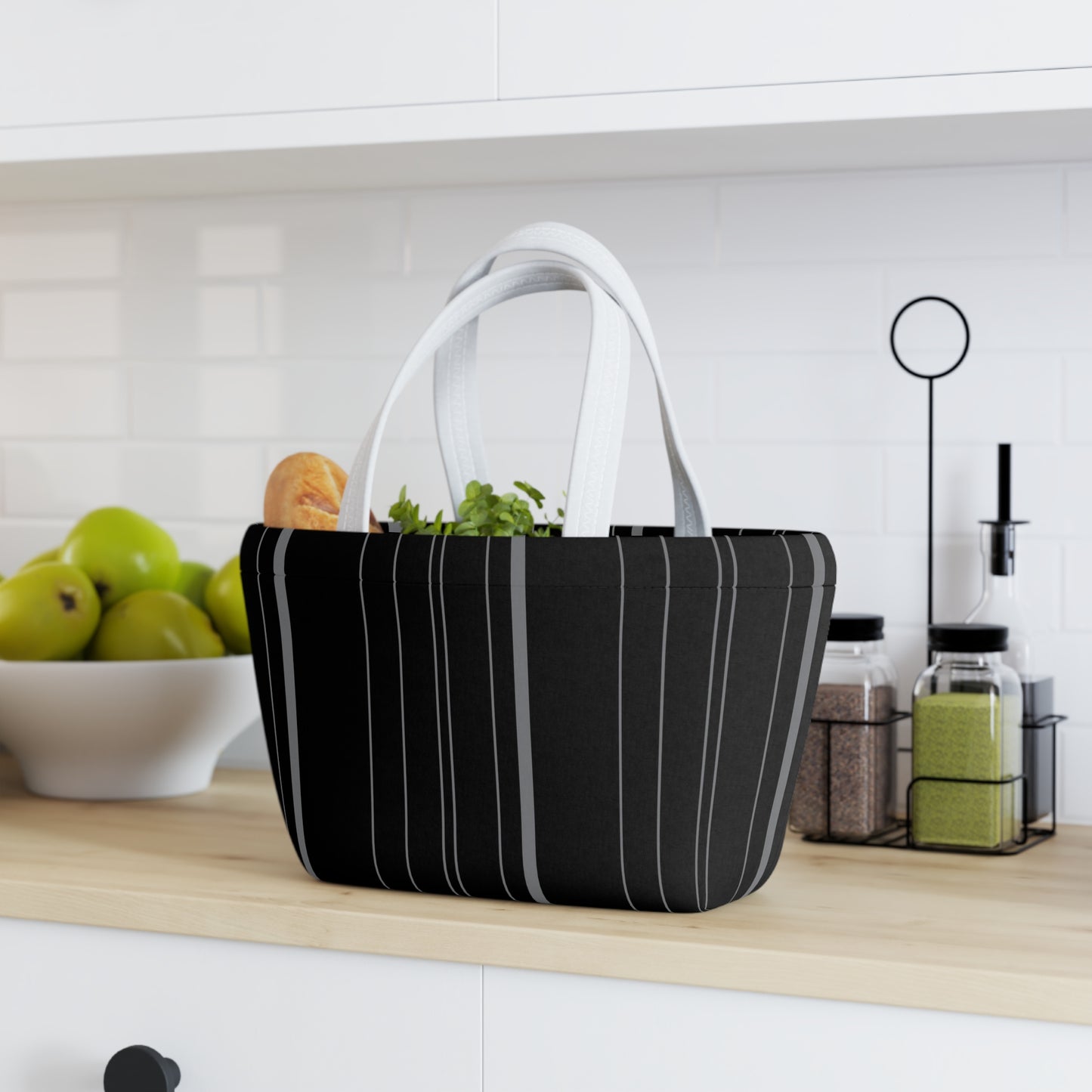 Black Pinstripped Lunch Bag - Elegant and Minimalist Neoprene Insulated Purse Lunch Box