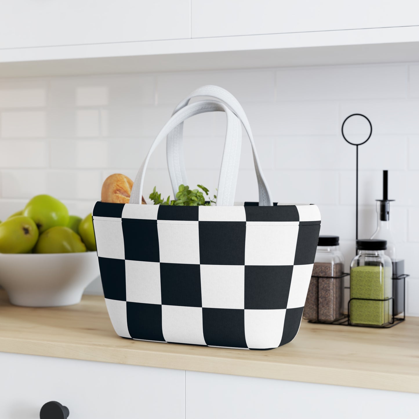 Black and White Checkered Ladies Lunch Bag - Elegant and Minimalist Neoprene Insulated Purse Lunch Box