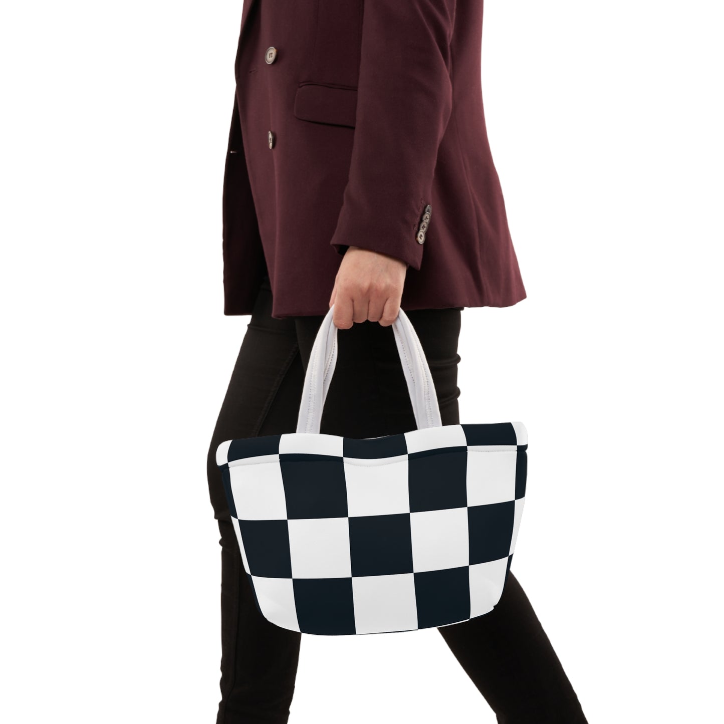 Black and White Checkered Ladies Lunch Bag - Elegant and Minimalist Neoprene Insulated Purse Lunch Box