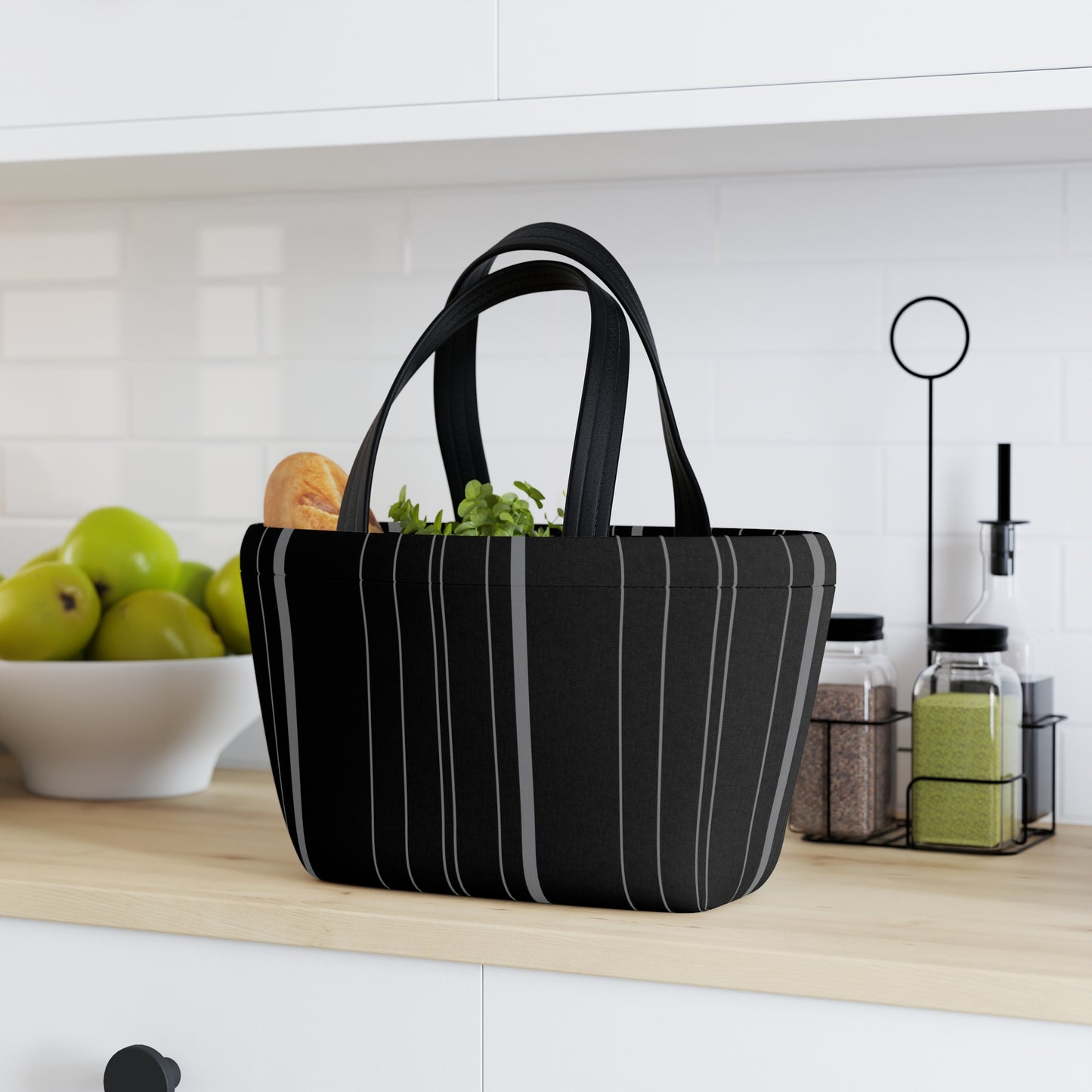 Black Pinstripped Lunch Bag - Elegant and Minimalist Neoprene Insulated Purse Lunch Box