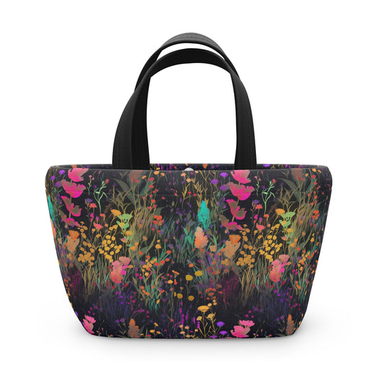 Bold Flowers on Black Lunch Bag - Insulated Reuseable