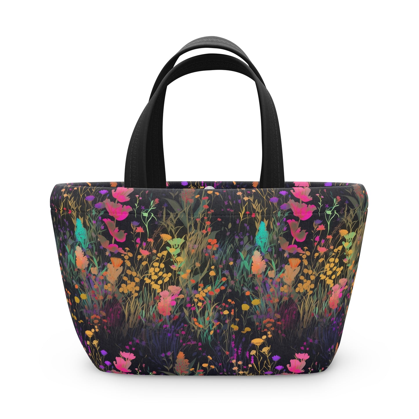 Bold Flowers on Black Lunch Bag - Insulated Reuseable